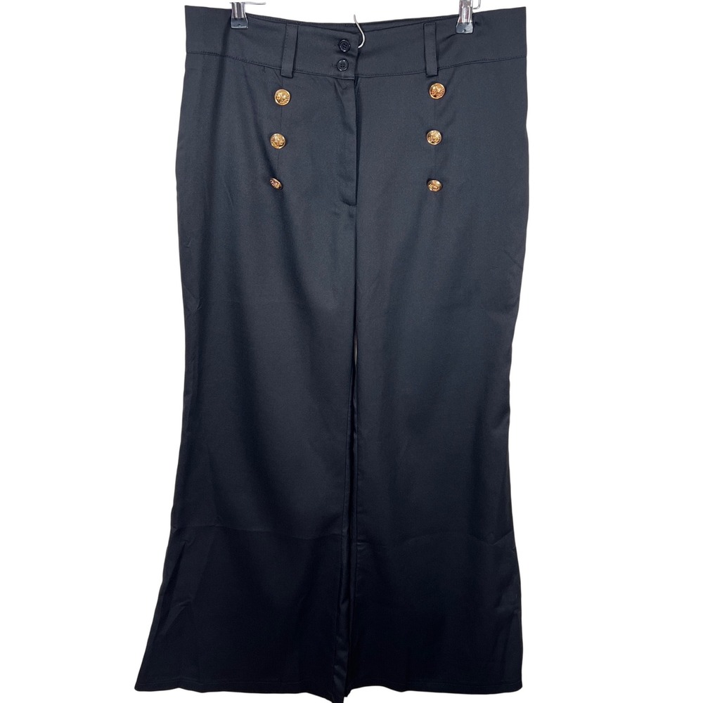 Womens Black Wide Leg Flare‎ Gold Crest Sailor Button Pants Plus Size XXL